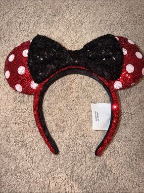 Disney Red Sequin Polka Dot Minnie Ear Headband with Black Bow